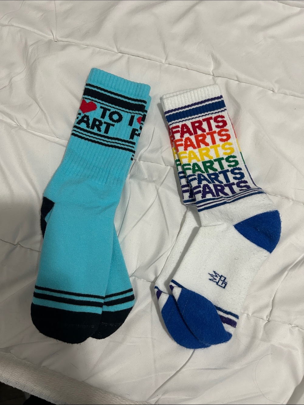 Two-Pack Athletic Crew Socks in Blue and White with Rainbow Text